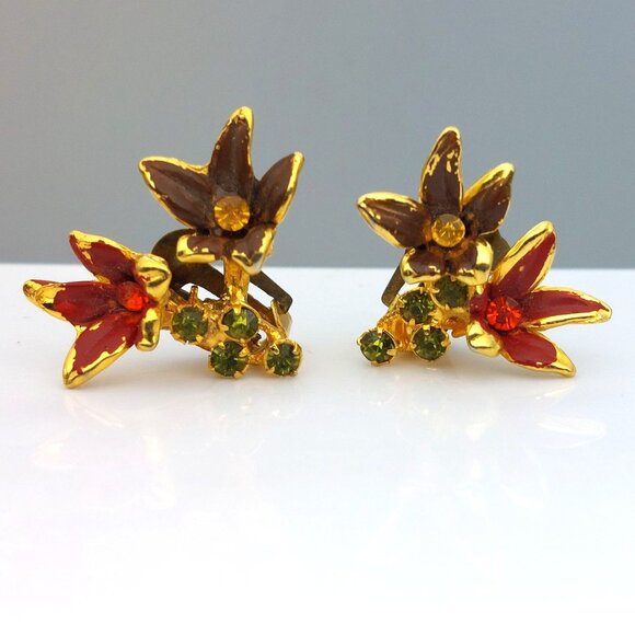 Vintage Austrian Lily Floral Clip-On Earrings Gold Tone & Rhinestones - Picture 1 of 4